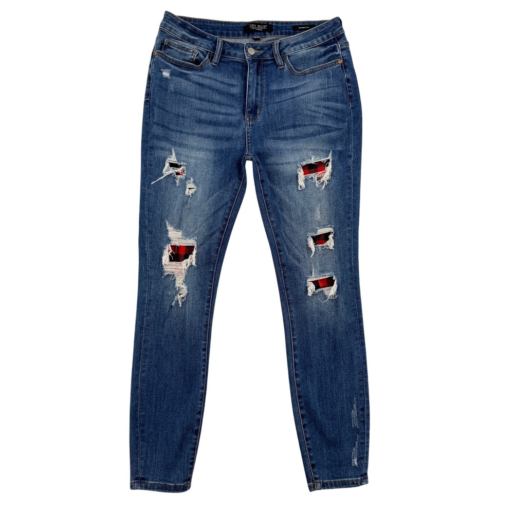 Judy Blue Skinny Jeans 11/30 Medium Wash Plaid Patch Distressed JB88316 Womens
